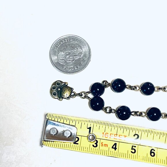Dark Blue Goldstone Bronze Link Adjustable Short Necklace w/ Fortune Cat Charm - Picture 13 of 15